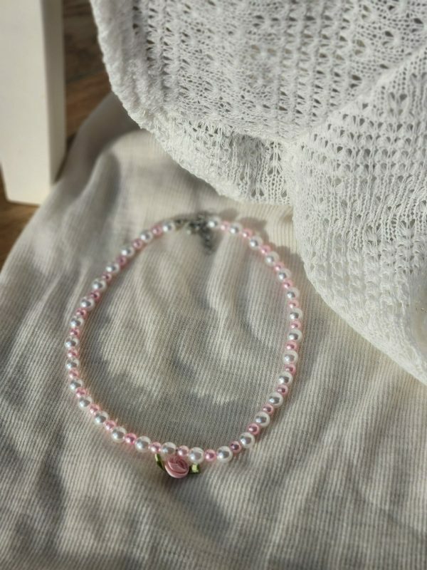 Pearl Rose Choker Necklace, Handmade Beaded Streetwear Jewelry