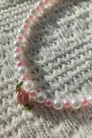 Pearl Rose Choker Necklace, Handmade Beaded Streetwear Jewelry