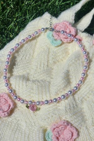 Pearl Rose Choker Necklace, Handmade Beaded Streetwear Jewelry