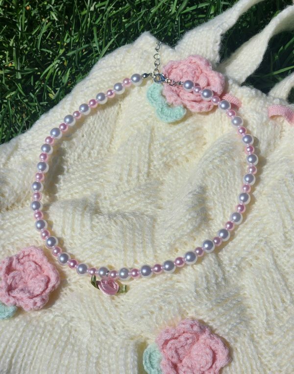 Pearl Rose Choker Necklace, Handmade Beaded Streetwear Jewelry