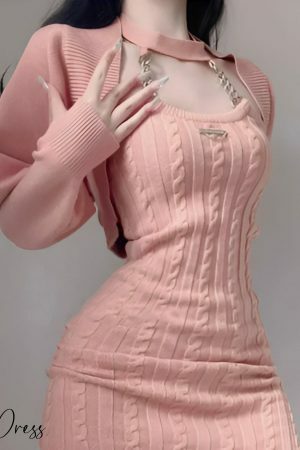 Pink Cable Knit Sweater Dress & Bolero Cardigan Set, Y2K Streetwear Aesthetic