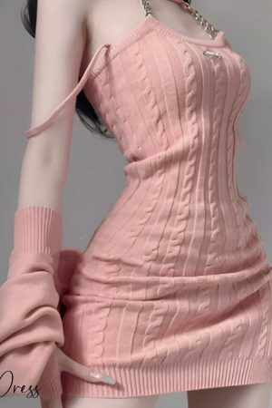 Pink Cable Knit Sweater Dress & Bolero Cardigan Set, Y2K Streetwear Aesthetic