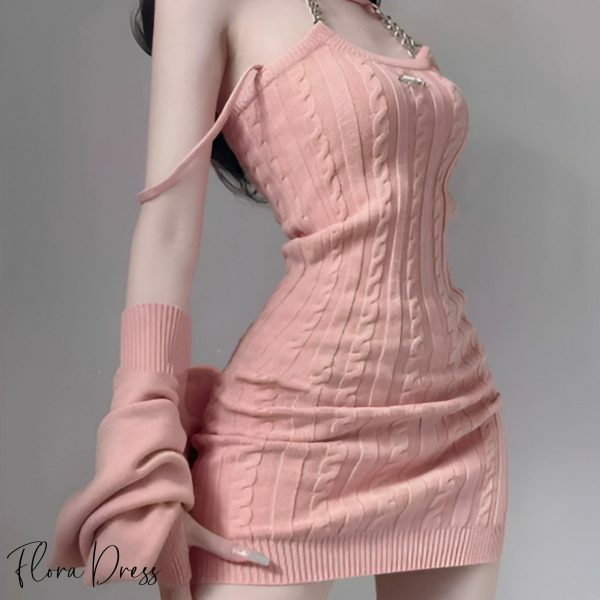 Pink Cable Knit Sweater Dress & Bolero Cardigan Set, Y2K Streetwear Aesthetic