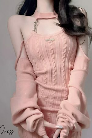 Pink Cable Knit Sweater Dress & Bolero Cardigan Set, Y2K Streetwear Aesthetic