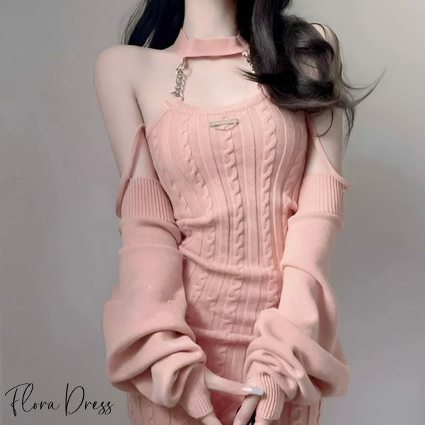 Pink Cable Knit Sweater Dress & Bolero Cardigan Set, Y2K Streetwear Aesthetic