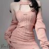 Pink Cable Knit Sweater Dress & Bolero Cardigan Set, Y2K Streetwear Aesthetic