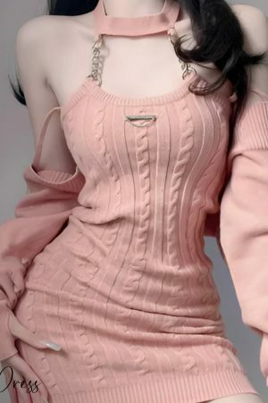 Pink Cable Knit Sweater Dress & Bolero Cardigan Set, Y2K Streetwear Aesthetic