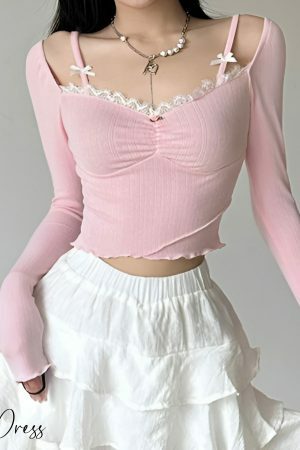 Pink Coquette Lace Top: Y2K Princesscore Knit T-shirt with Bow