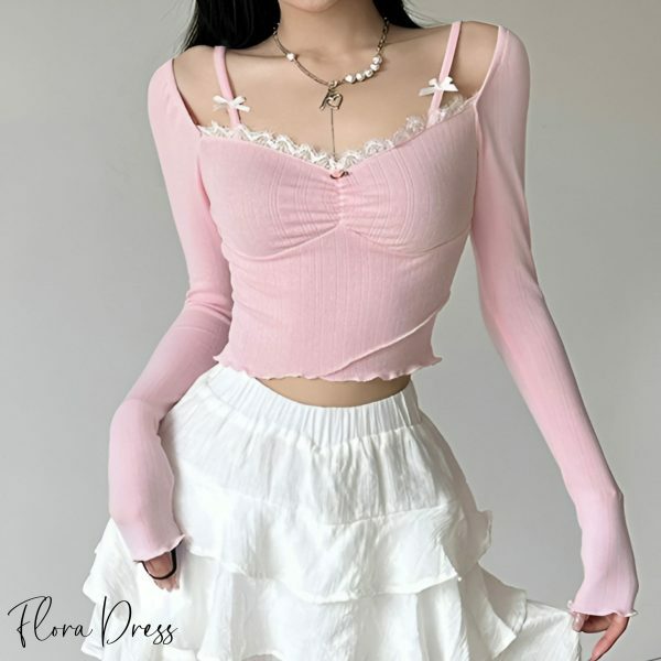 Pink Coquette Lace Top: Y2K Princesscore Knit T-shirt with Bow