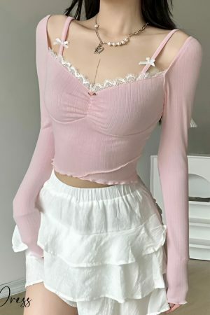 Pink Coquette Lace Top: Y2K Princesscore Knit T-shirt with Bow