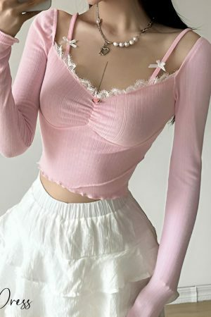 Pink Coquette Lace Top: Y2K Princesscore Knit T-shirt with Bow