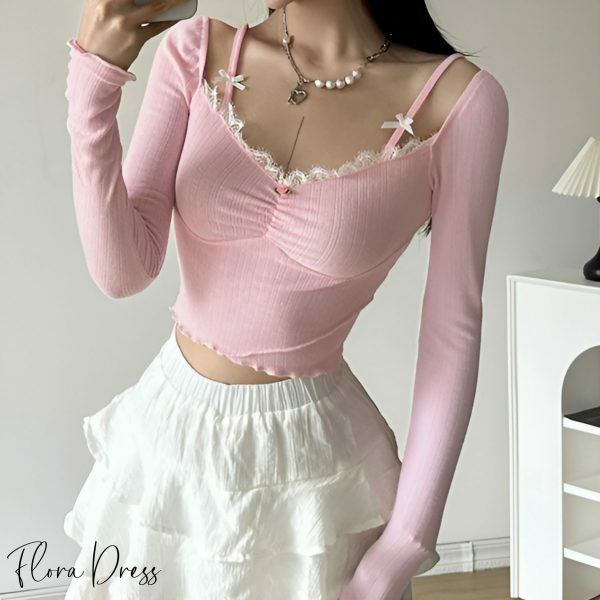 Pink Coquette Lace Top: Y2K Princesscore Knit T-shirt with Bow