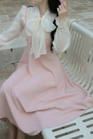 Pink Fairy Y2K Lace Midi Dress with Bow Detail