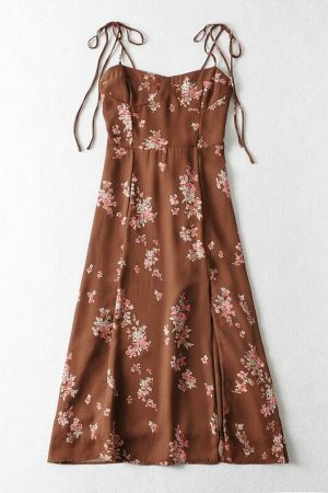 Pink Floral Tie Strap Midi Dress - Y2K Streetwear Aesthetic