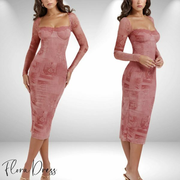 Pink Lace-Up Back Square Neck Tulle Long Sleeve Cocktail Dress