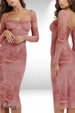 Pink Lace-Up Back Square Neck Tulle Long Sleeve Cocktail Dress