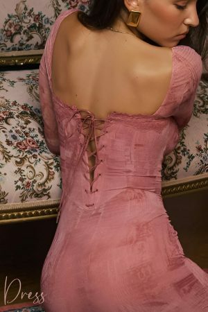 Pink Lace-Up Back Square Neck Tulle Long Sleeve Cocktail Dress