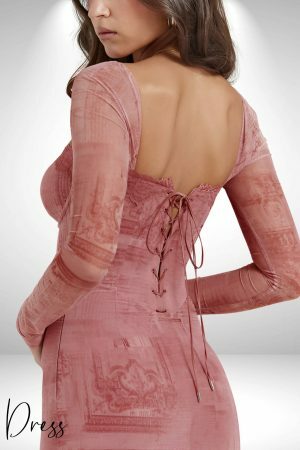 Pink Lace-Up Back Square Neck Tulle Long Sleeve Cocktail Dress