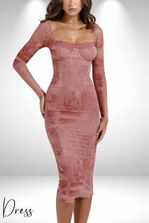 Pink Lace-Up Back Square Neck Tulle Long Sleeve Cocktail Dress