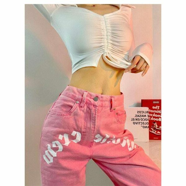 Pink Letter Print High Waist Baggy Jeans | Y2K Streetwear Fashion