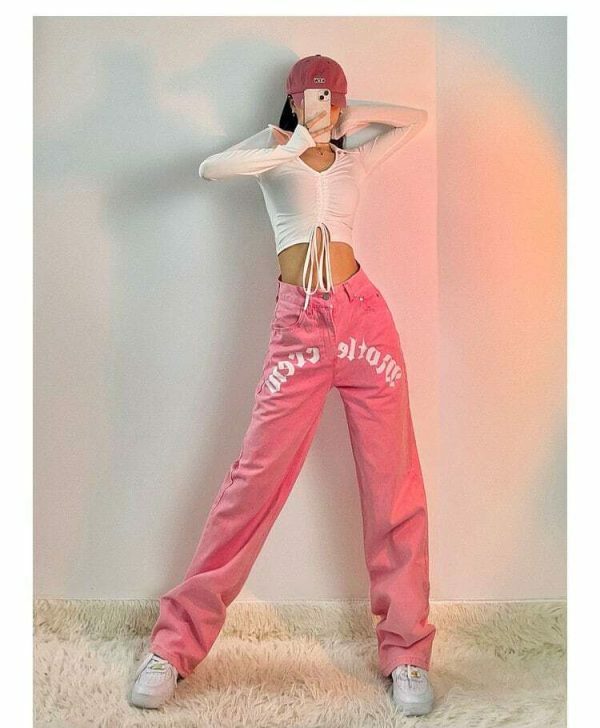 Pink Letter Print High Waist Baggy Jeans | Y2K Streetwear Fashion