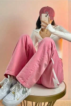 Pink Letter Print High Waist Baggy Jeans | Y2K Streetwear Fashion