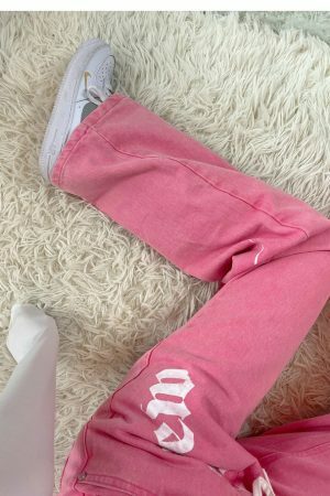 Pink Letter Print High Waist Baggy Jeans | Y2K Streetwear Fashion