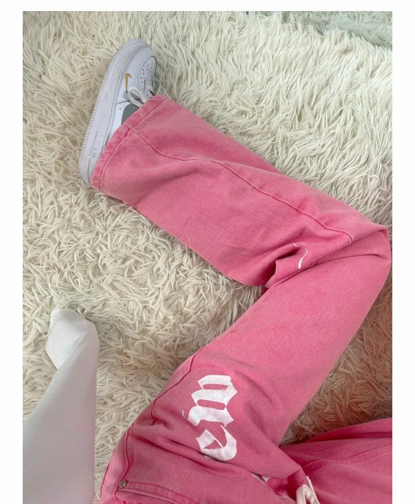 Pink Letter Print High Waist Baggy Jeans | Y2K Streetwear Fashion