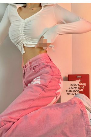 Pink Letter Print High Waist Baggy Jeans | Y2K Streetwear Fashion