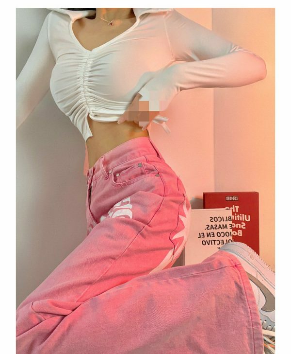 Pink Letter Print High Waist Baggy Jeans | Y2K Streetwear Fashion