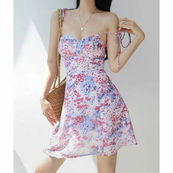 Pink Lilac White Floral Chiffon Mini Dress - Y2K Streetwear Aesthetic