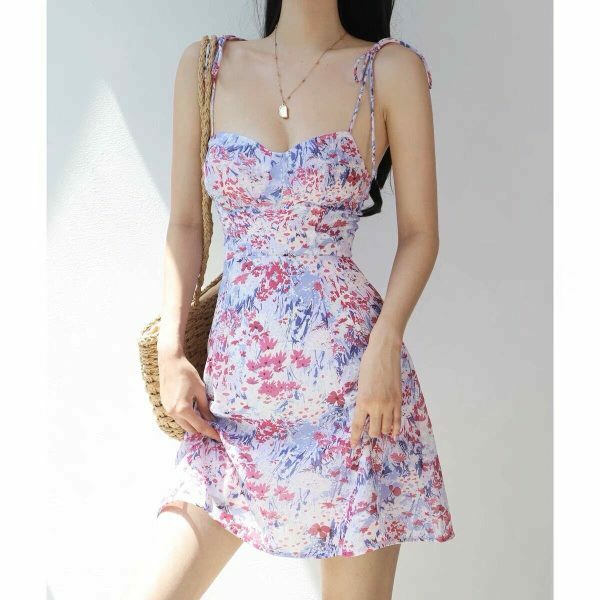 Pink Lilac White Floral Chiffon Mini Dress - Y2K Streetwear Aesthetic