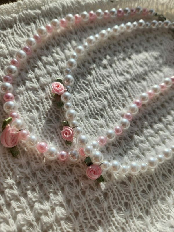 Pink Pearl Rose Choker Necklace Coquette Aesthetic Y2K Romantic Fashion Rave Kawaii Gift