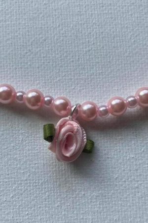 Pink Pearl Rose Choker Necklace Coquette Aesthetic Y2K Romantic Fashion Rave Kawaii Gift