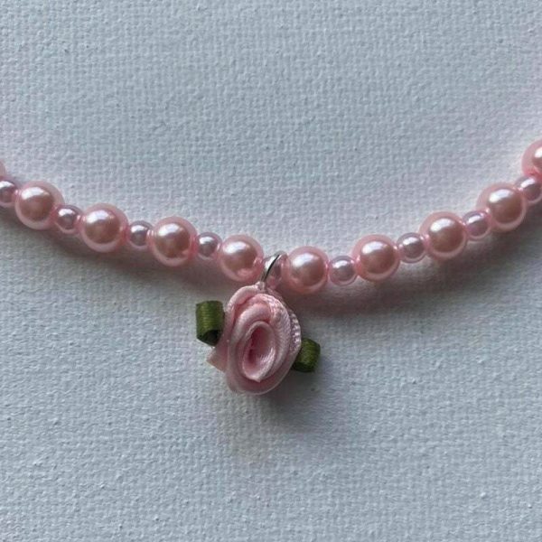 Pink Pearl Rose Choker Necklace Coquette Aesthetic Y2K Romantic Fashion Rave Kawaii Gift