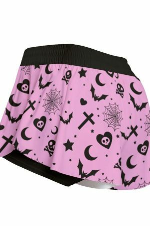 Pink Skull Soft Goth Flowy Y2K Shorts - Spooky Pastel Alt Fashion