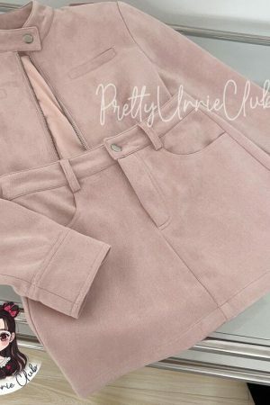 Pink Suede Jacket and Miniskirt Set - Y2K Streetwear Fashion