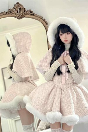 Pink Tweed Fur Dress & Jacket Coord Set | Y2K Streetwear Fashion