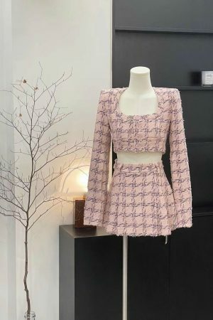 Pink Tweed Pleated Skirt and Top Set | Y2K Streetwear Fashion