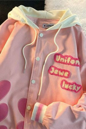 Pink Y2K American Retro Letter Embroidery Hooded Cardigan Sweater Baseball Jacket Coat