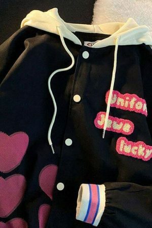 Pink Y2K American Retro Letter Embroidery Hooded Cardigan Sweater Baseball Jacket Coat