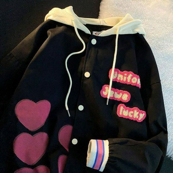 Pink Y2K American Retro Letter Embroidery Hooded Cardigan Sweater Baseball Jacket Coat