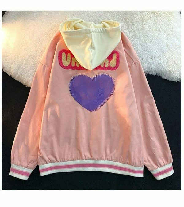 Pink Y2K American Retro Letter Embroidery Hooded Cardigan Sweater Baseball Jacket Coat