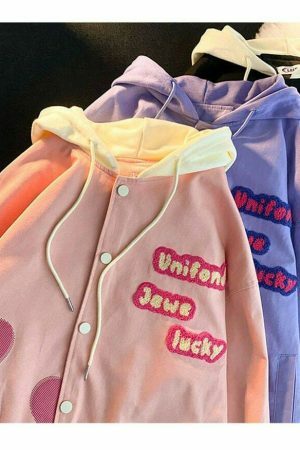 Pink Y2K American Retro Letter Embroidery Hooded Cardigan Sweater Baseball Jacket Coat