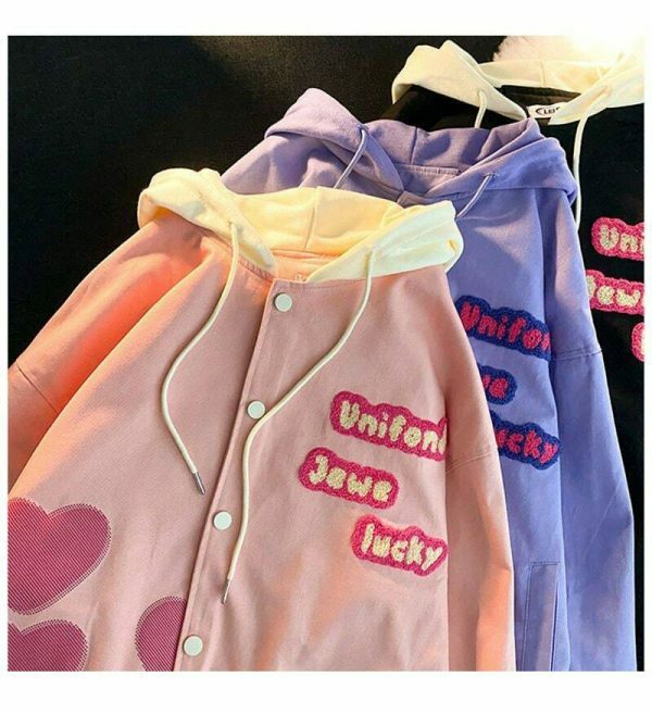 Pink Y2K American Retro Letter Embroidery Hooded Cardigan Sweater Baseball Jacket Coat