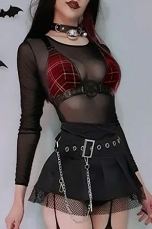 Plaid Gothic V-neck Halter Camisole Mesh Transparent Grunge Punk T-shirt Set