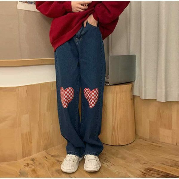 Plaid Print High Waist Straight Washed Jeans - Street Vintage Y2K Aesthetic