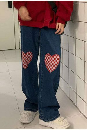 Plaid Print High Waist Straight Washed Jeans - Street Vintage Y2K Aesthetic