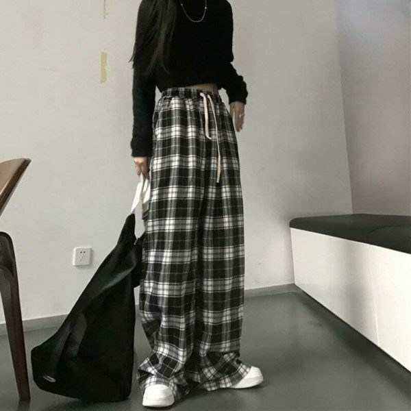 Plaid Wide Leg Pants: Y2K Streetwear Style for Women and Teens