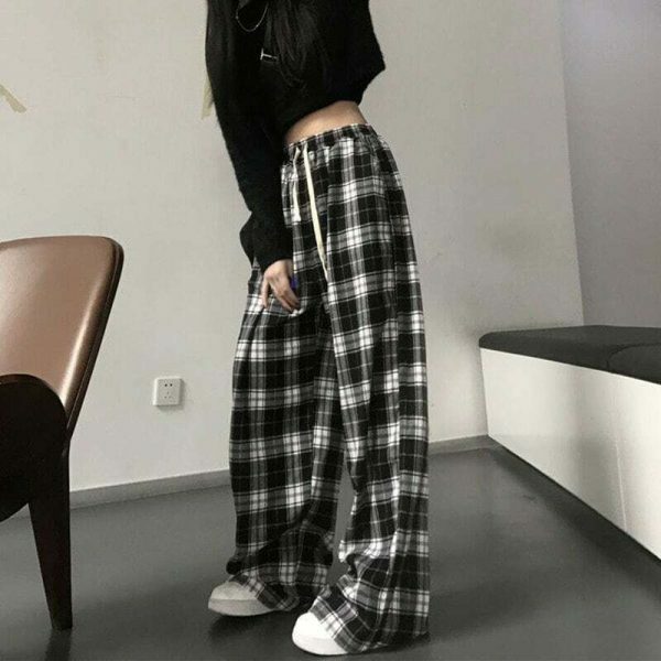 Plaid Wide Leg Pants: Y2K Streetwear Style for Women and Teens